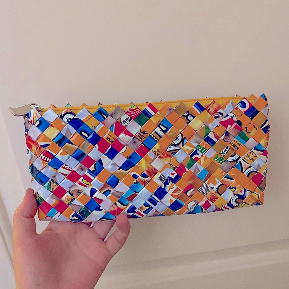Clutch made out of recycled candy wrappers